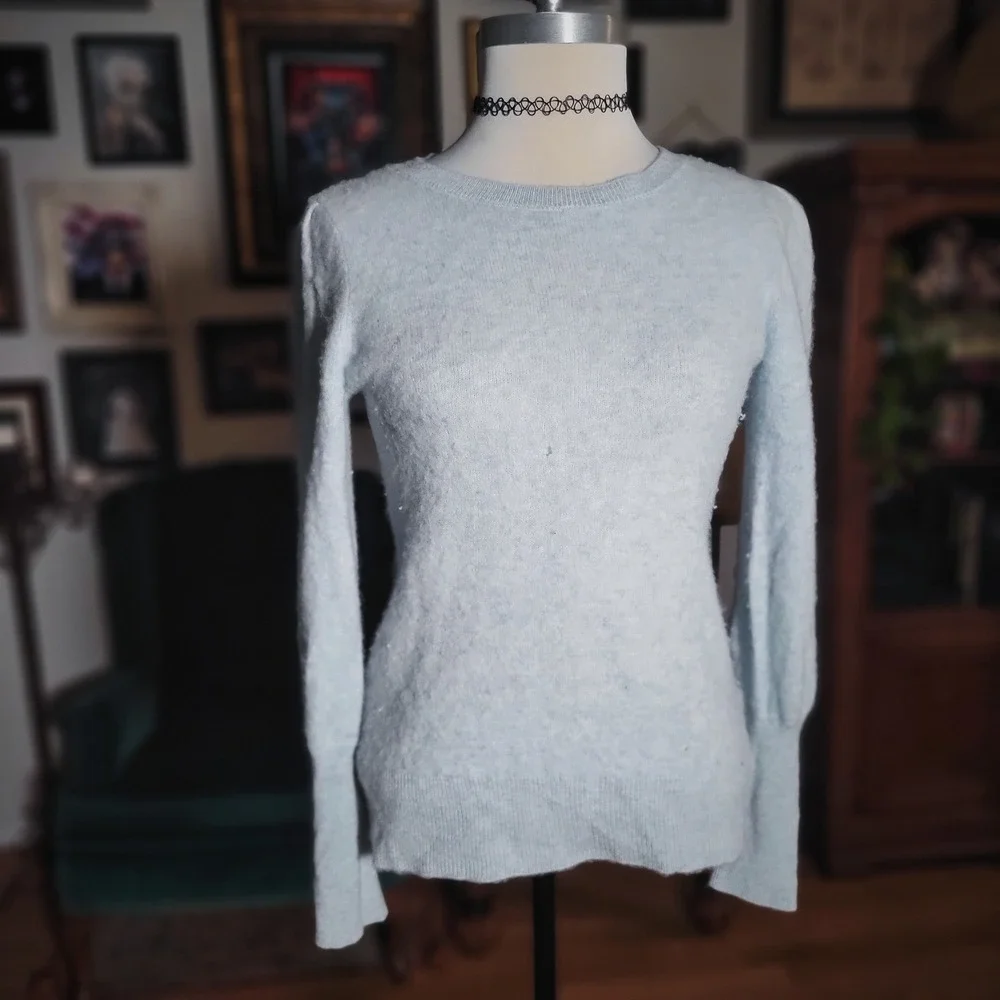 Boston Proper Light‎ Blue 100% Cashmere Crew Neck Puff Sleeve Sweater